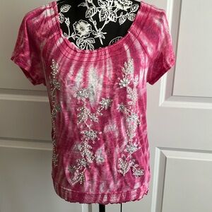 SM INC 100% LINEN PINK & WHITE & SILVER RHINESTONE AND PEARL TOP